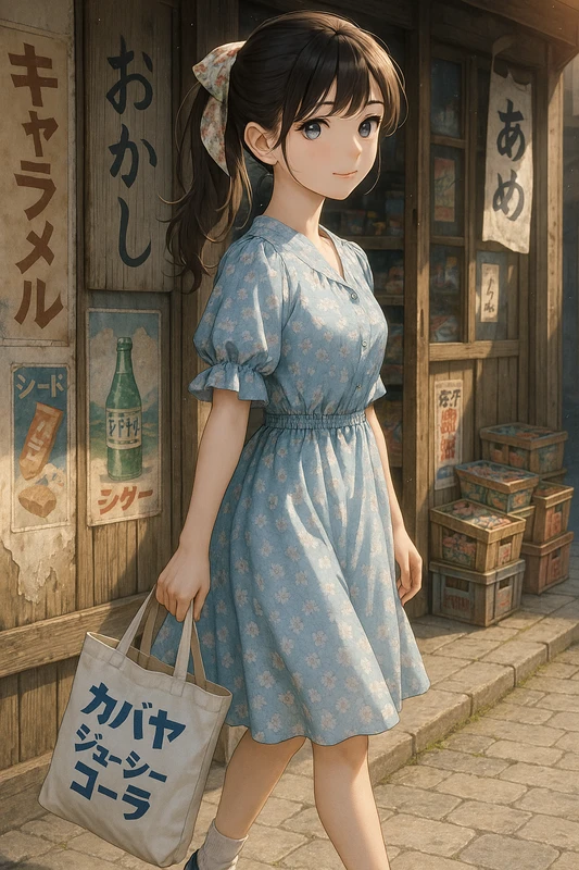 水色小花柄ワンピと帆布トート|昭和レトロ女子AIプロンプト
