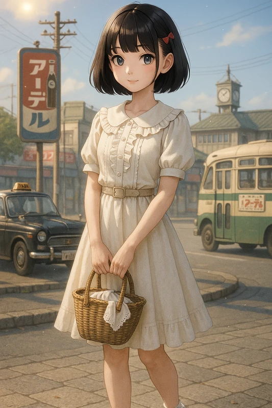 丸襟フリルワンピとかごバッグコーデ|昭和レトロ女子AIプロンプト