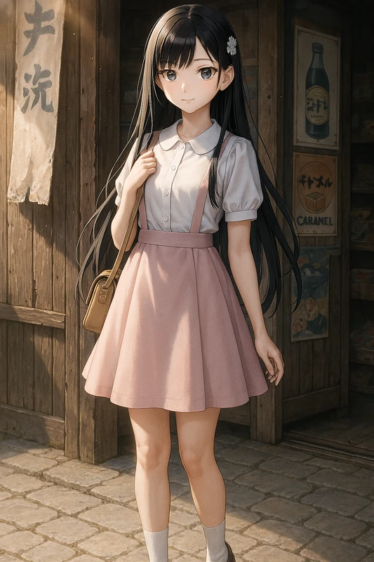 サスペンダースカートとレトロポシェット|昭和レトロ女子AIプロンプト