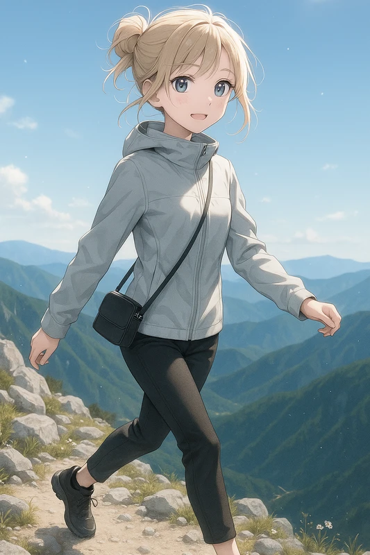 ミニマルグレー×ブラックパンツ|山ガールのプロンプト紹介