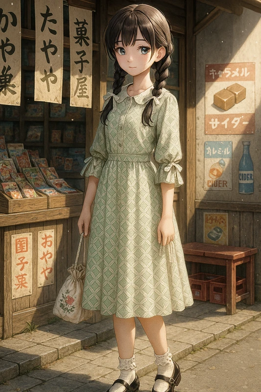 幾何学ワンピと刺繍巾着クラシック|昭和レトロ女子AIプロンプト