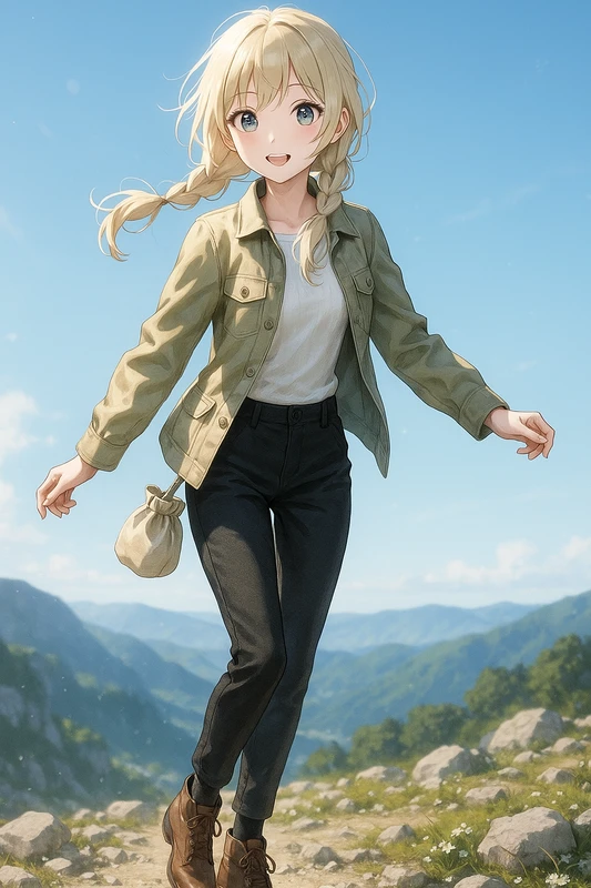 ナチュラルカーキ×黒テーパード|山ガールのプロンプト紹介