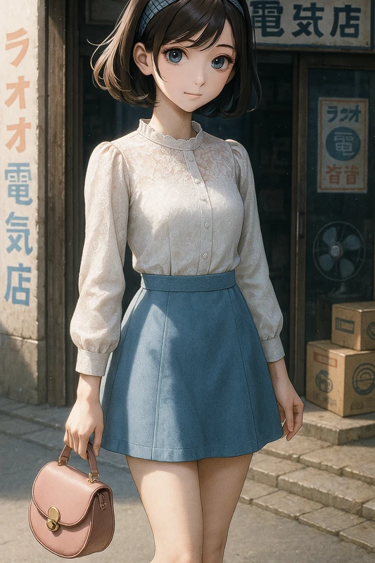 ミント台形スカートとボルドーアクセ|昭和レトロ女子AIプロンプト