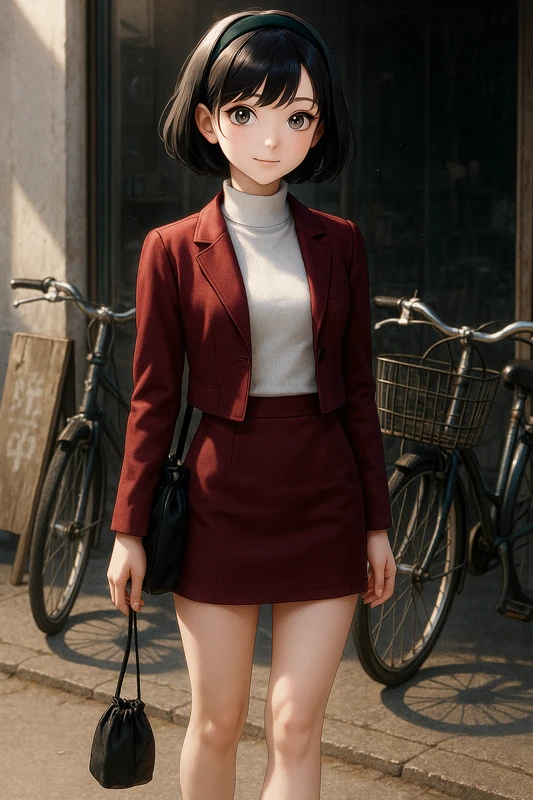 白薄ハイネック+ワインジャケット+ミニスカート|昭和レトロ女子AIプロンプト