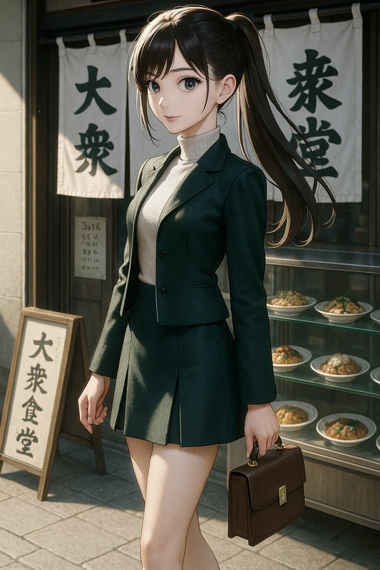 薄ベージュタートル+ダークグリーンジャケット+台形スカート|昭和レトロ女子AIプロンプト