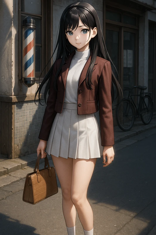白ハイネック+小豆色ジャケット+プリーツミニ|昭和レトロ女子AIプロンプト