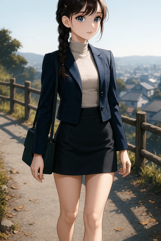 薄ベージュハイネック+ネイビー短丈ジャケット+タイト台形スカート|昭和レトロ女子AIプロンプト