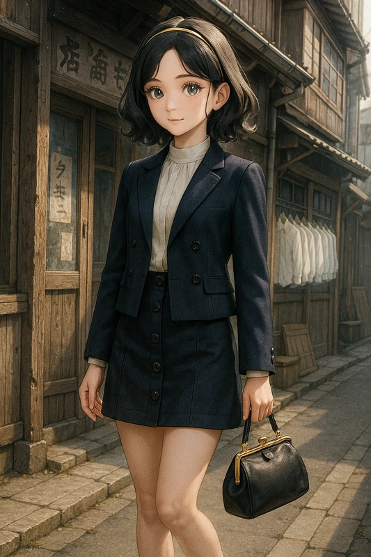 クリームブラウス+濃紺ダブルジャケット+ボタンミニ|昭和レトロ女子AIプロンプト