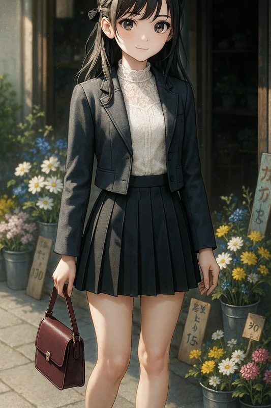 アイボリーレースハイネック+グレー短丈ジャケット+プリーツスカート|昭和レトロ女子AIプロンプト