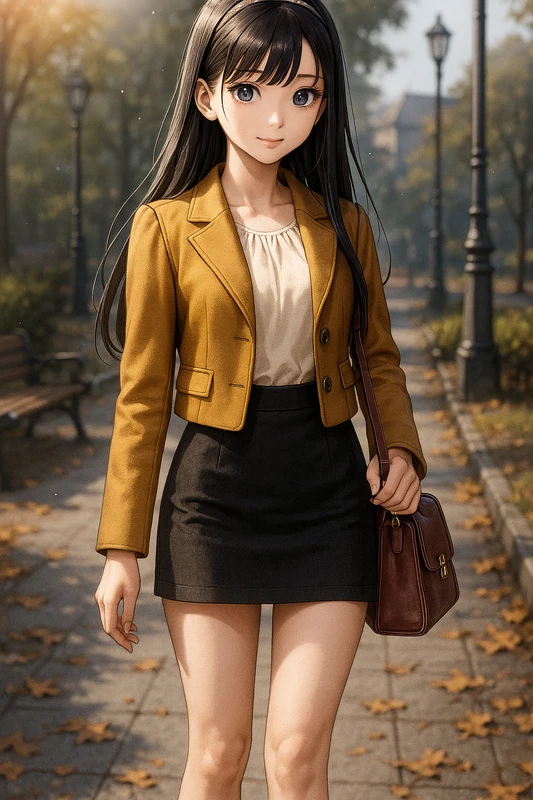 クリームブラウス+マスタードダブルジャケット+タイトミニ|昭和レトロ女子AIプロンプト