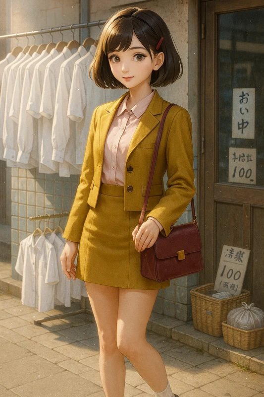 薄ピンクブラウス+マスタードジャケット+タイト台形ミニ|昭和レトロ女子AIプロンプト