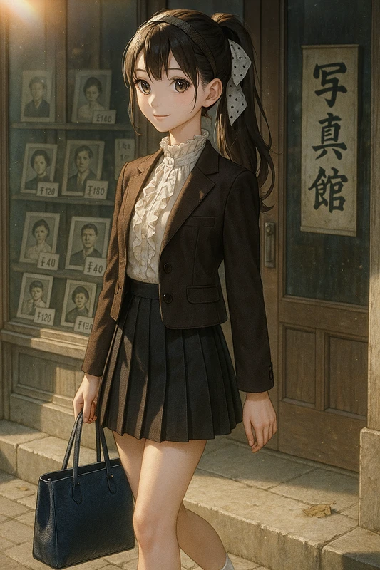 オフ白フリルブラウス+ダークブラウンジャケット+プリーツスカート|昭和レトロ女子AIプロンプト