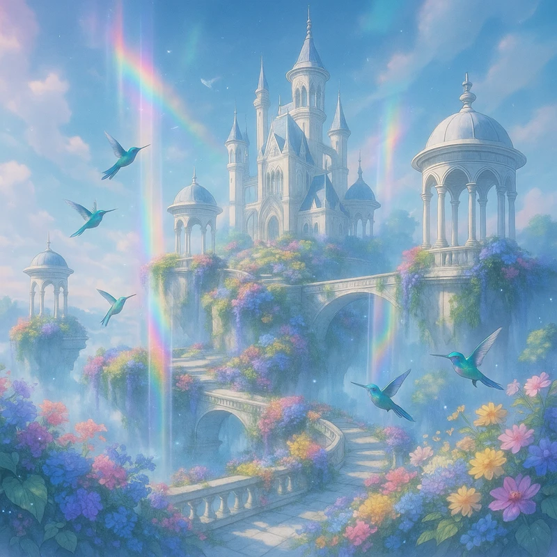 空中庭園の魔法城のプロンプト紹介｜AIイラスト