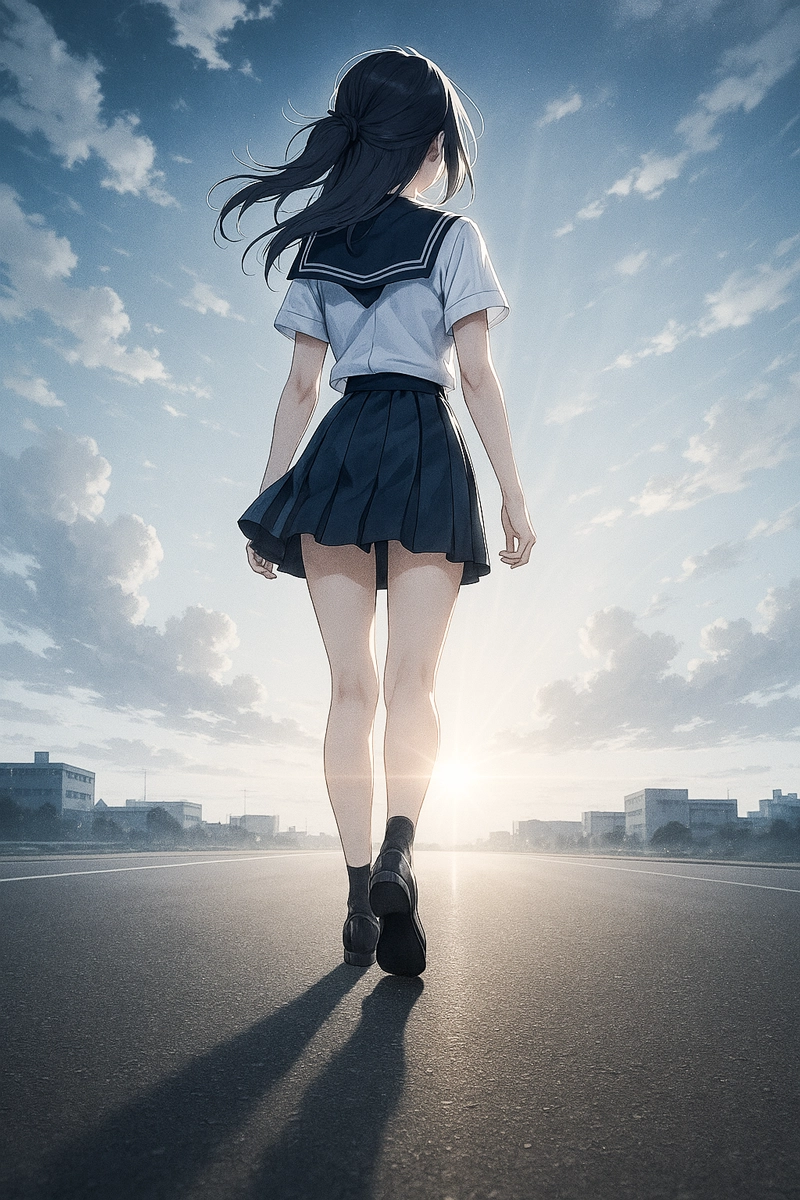 アスファルトの地面に立つ制服美少女AIイラスト|作例プロンプト紹介