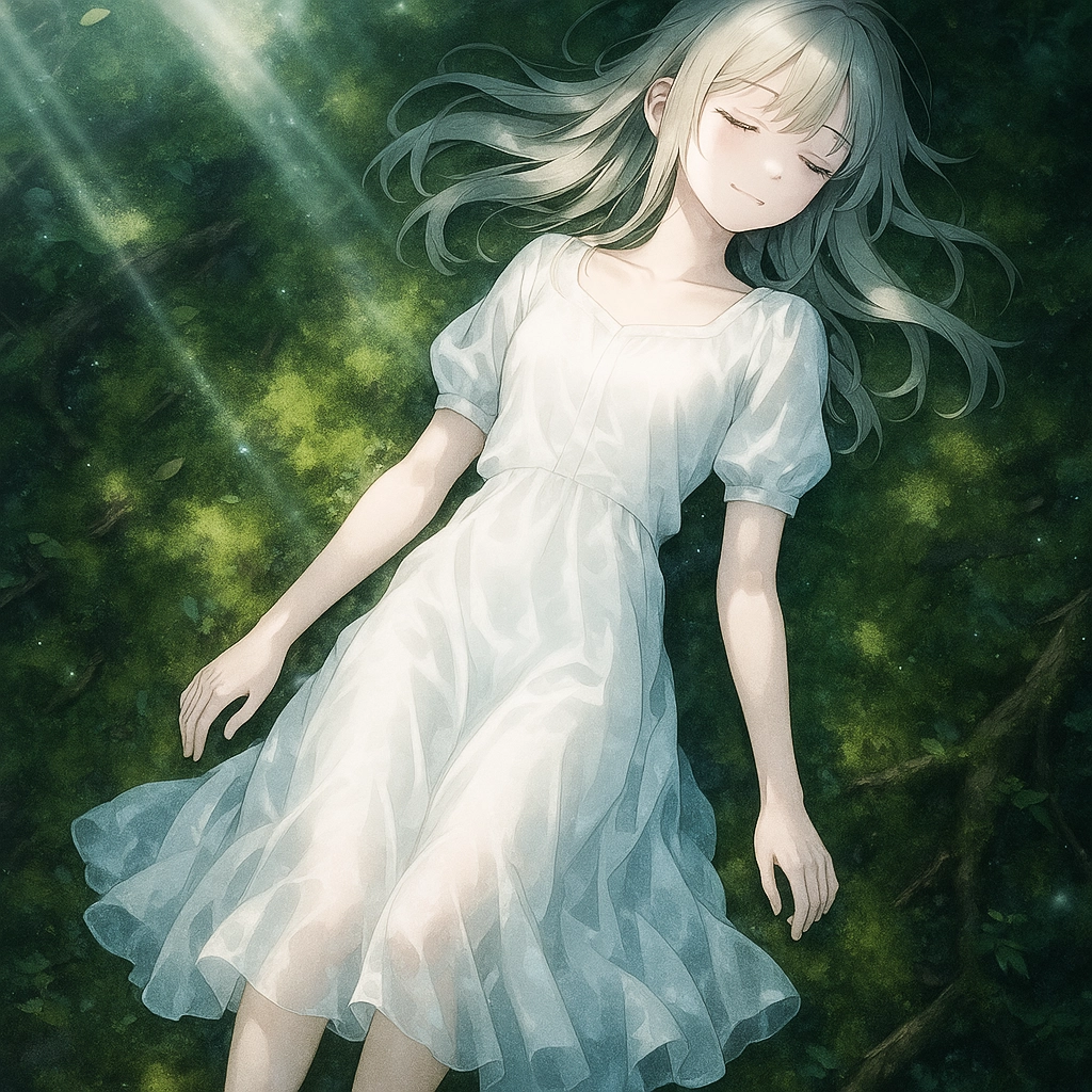 苔むした地面の森の中で眠る美少女AIイラスト|作例プロンプト紹介