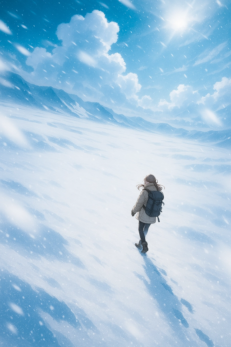 雪に覆われた地面を歩く旅人AIイラスト|作例プロンプト紹介