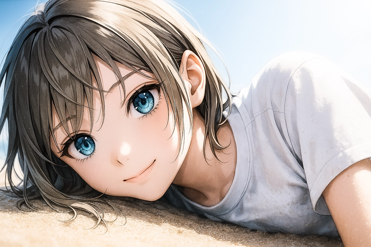 砂地(ビーチ)に寝転ぶ美少女のAIイラスト|作例プロンプト紹介