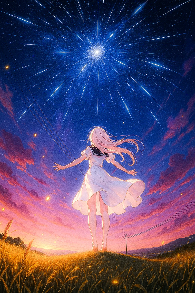 夕焼けと放射状に広がる流星群｜AI作例とプロンプト紹介