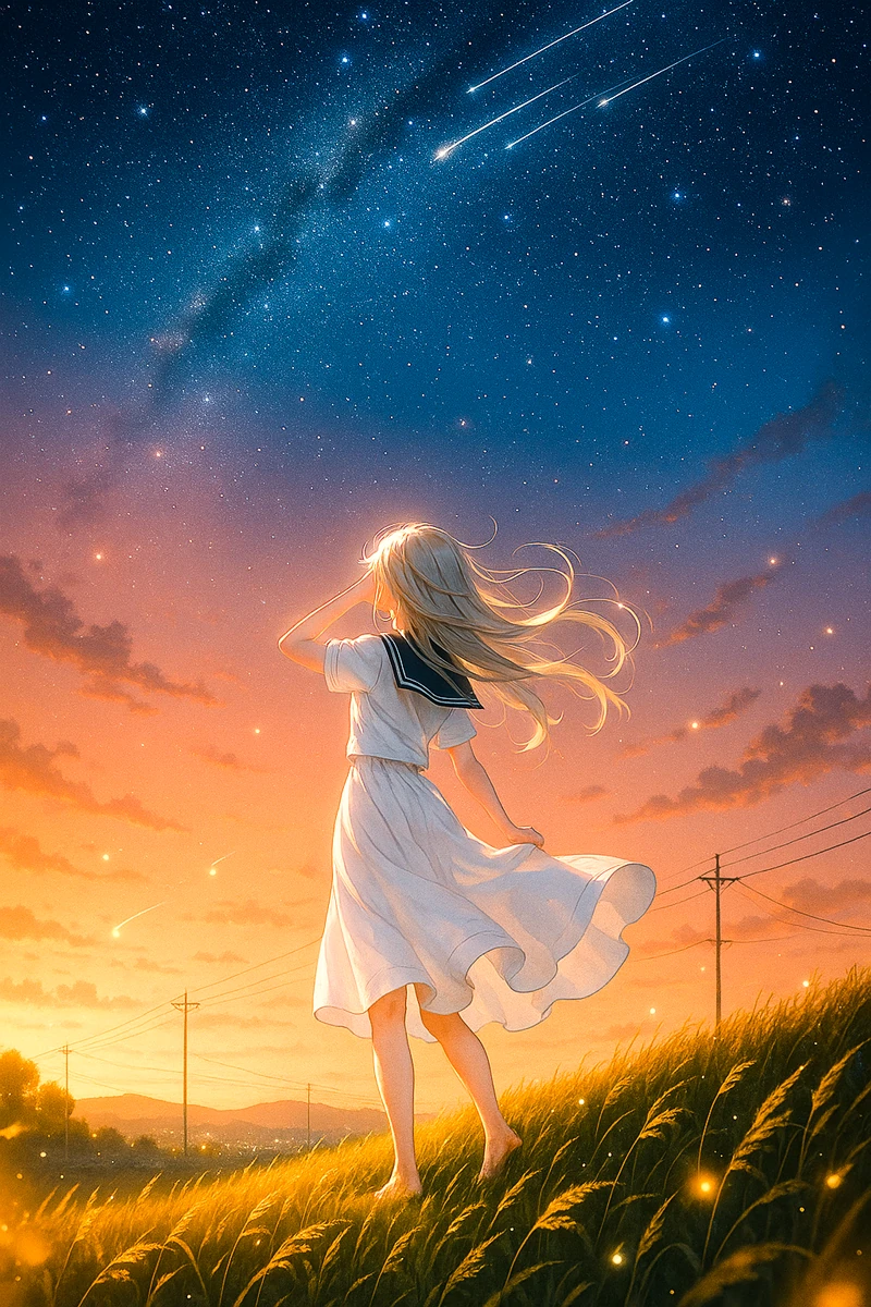 トワイライトから夜空にかけての流星群｜AI作例とプロンプト紹介