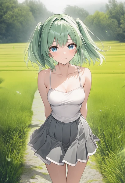 芝生道に立つ美少女AIイラスト作例