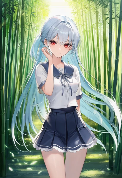 竹林の道に立つ美少女AIイラスト作例