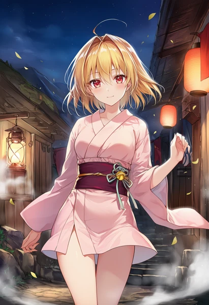 温泉街の道に立つ美少女AIイラスト作例