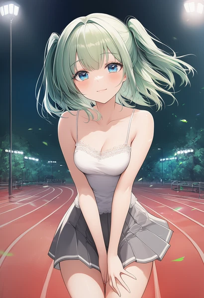 ゴムチップ舗装道路に立つ美少女AIイラスト作例