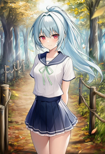 自然歩道に立つ美少女AIイラスト作例