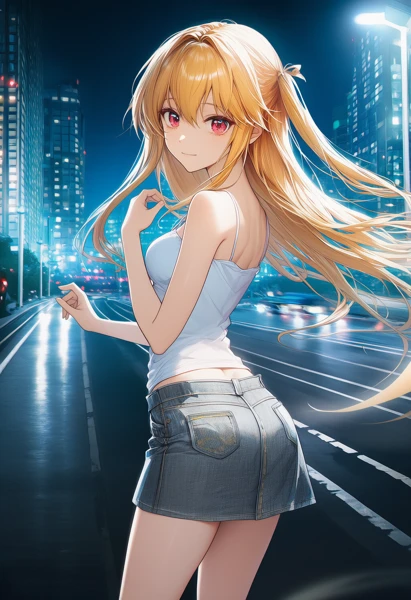 アスファルト舗装道路に立つ美少女AIイラスト作例