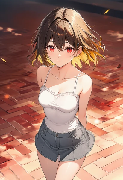 レンガ敷きの道路に立つ美少女AIイラスト作例