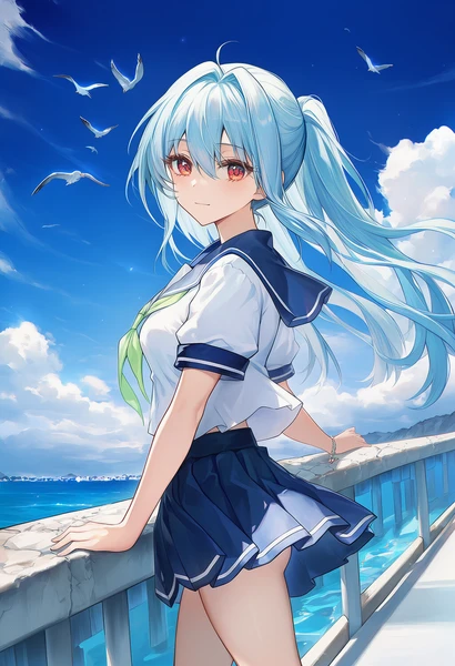海沿いの道に立つ美少女AIイラスト作例