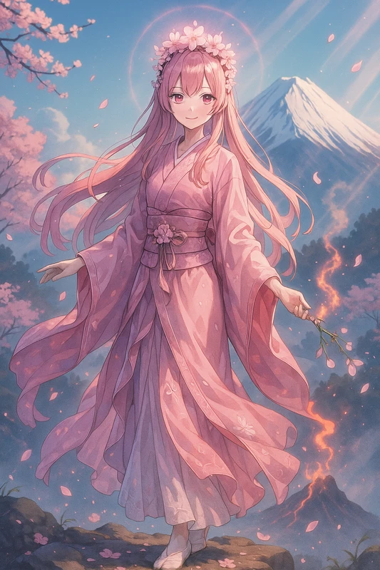 コノハナサクヤヒメ（桜と火山の女神）｜女神のプロンプト紹介