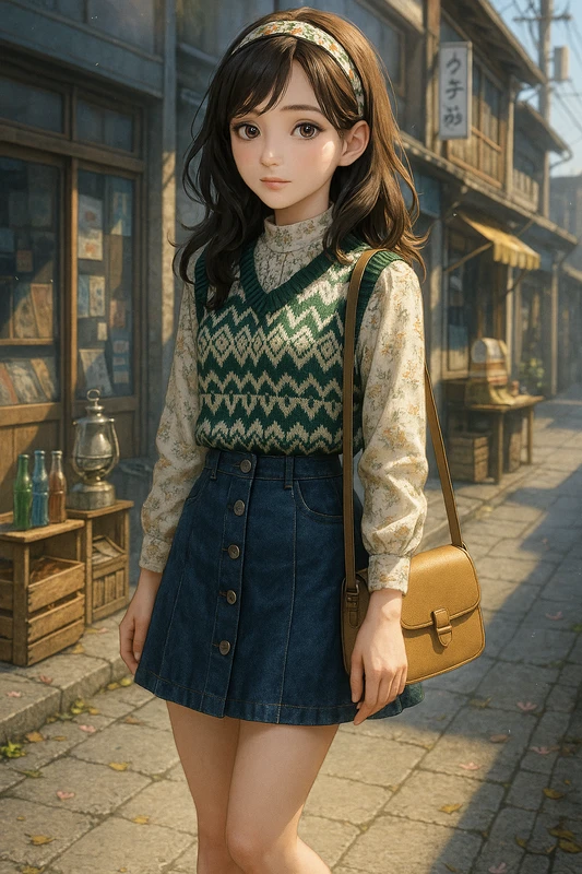 幾何ベスト+小花ブラウス+デニム台形スカートの昭和レトロ女子のAIイラスト