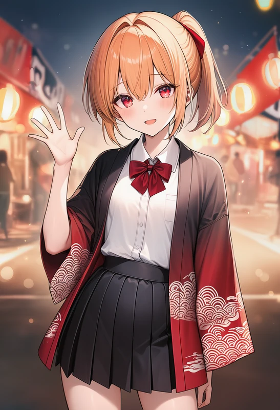 和柄グラデはっぴ×学生風プリーツ制服コーデのAIイラスト作例（NovelAI）