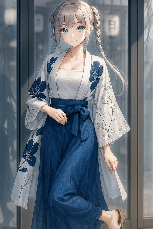 青花柄シアーはっぴ×スクエアトップ×ブルーラップスカートコーデ｜プロンプト紹介