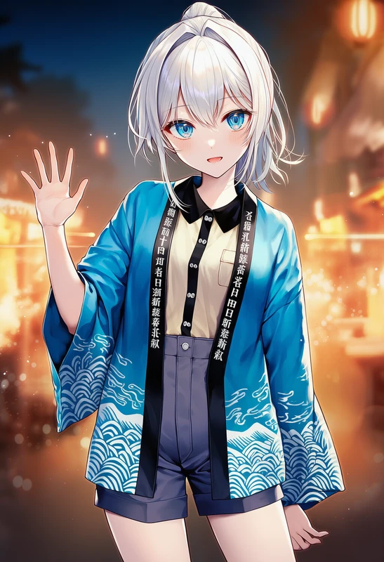 青波はっぴ×カーキシャツ×和柄ショーパン×ブーツコーデのAIイラスト作例（NovelAI）