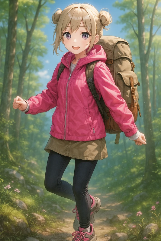 キャンディピンク×カーゴスカートの映え登山コーデ|山ガールのプロンプト紹介