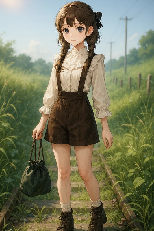クリームフリルブラウス+ブラウンオーバーオール台形スカート|昭和レトロ女子AIプロンプト