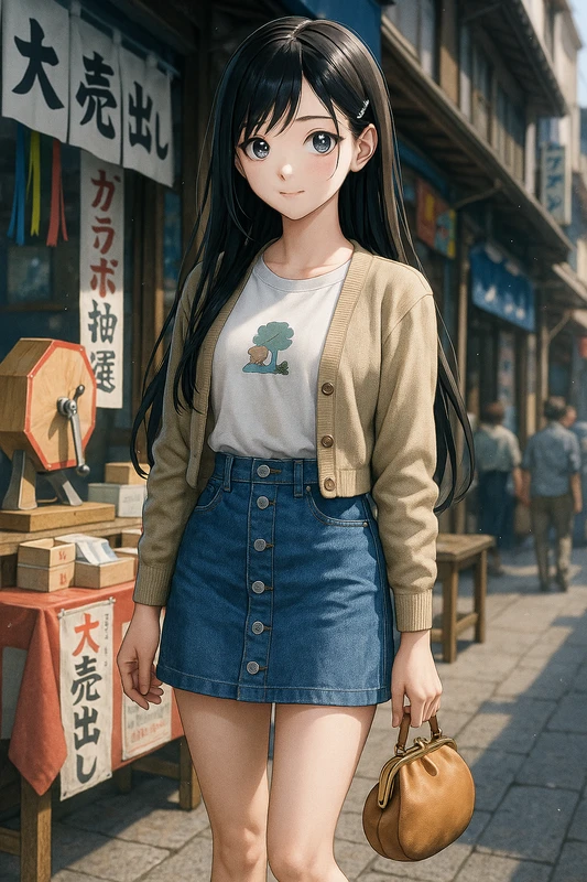 白グラフィックT+フロントボタンデニムスカート|昭和レトロ女子AIプロンプト