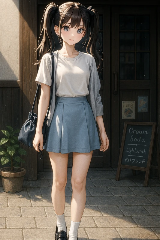 オフ白T+ペールブルー台形スカート|昭和レトロ女子AIプロンプト