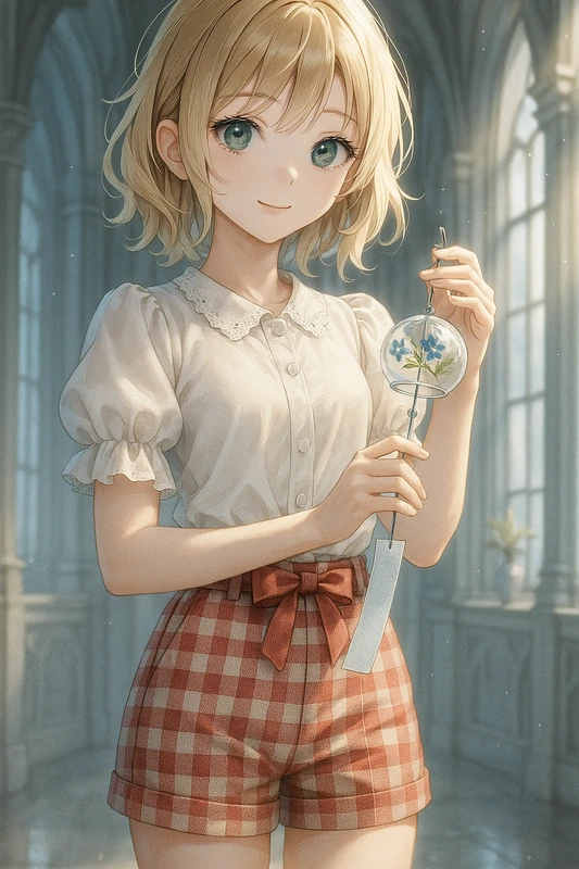 フリルトップスとチェック柄のショーパンのAIイラスト|フェミニン系コーデ