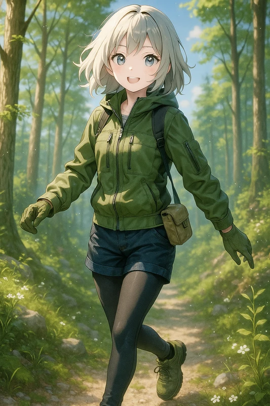 ネイビーデニム×オリーブジャケットのカジュアル登山系|山ガールのプロンプト紹介