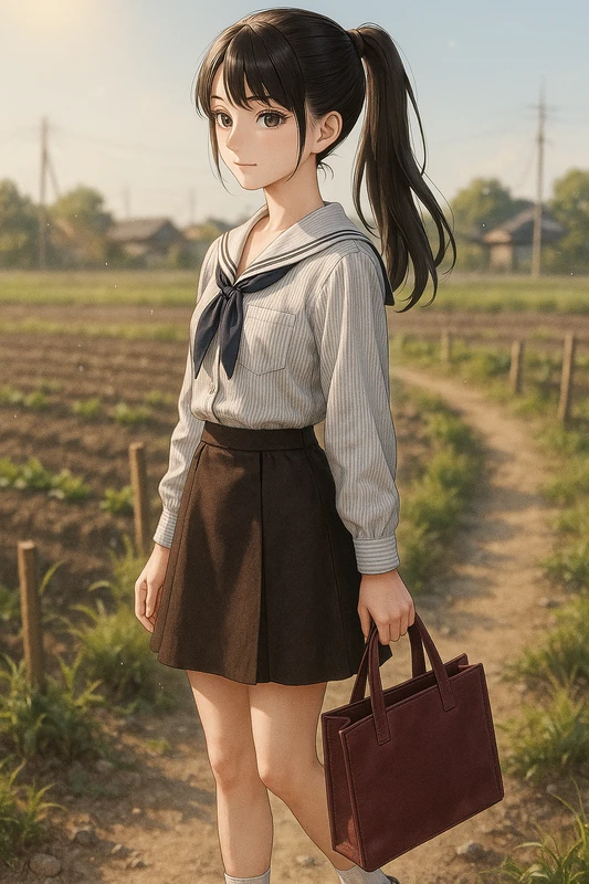 細ストライプセーラーブラウス+ダークブラウン台形スカート|昭和レトロ女子AIプロンプト