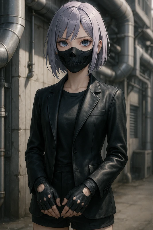 スカルマスク×レザーブレザー|パンクファッションのプロンプト