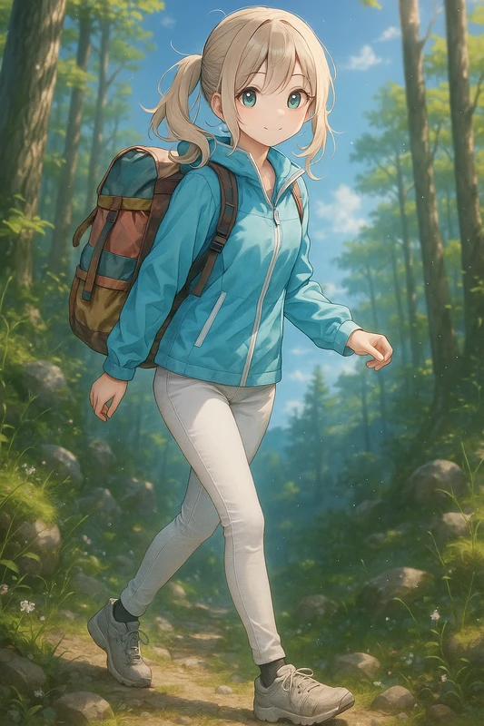 スカイブルー×ホワイトパンツの爽やか登山コーデ|山ガールのプロンプト紹介