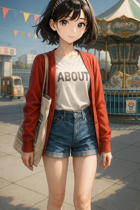 生成りロゴT+ライトブルーデニムショーパン|昭和レトロ女子AIプロンプト