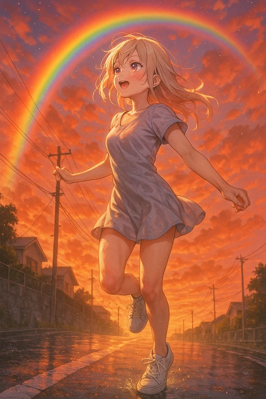 虹 × 夕焼けを再現したAIイラスト|天気・天候のプロンプト紹介