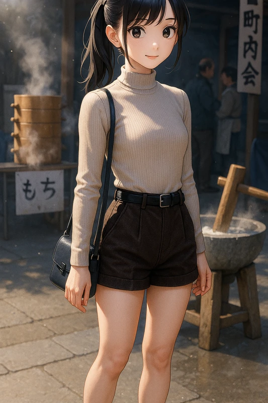 ベージュ薄ハイネック+ショーパン|昭和レトロ女子AIプロンプト