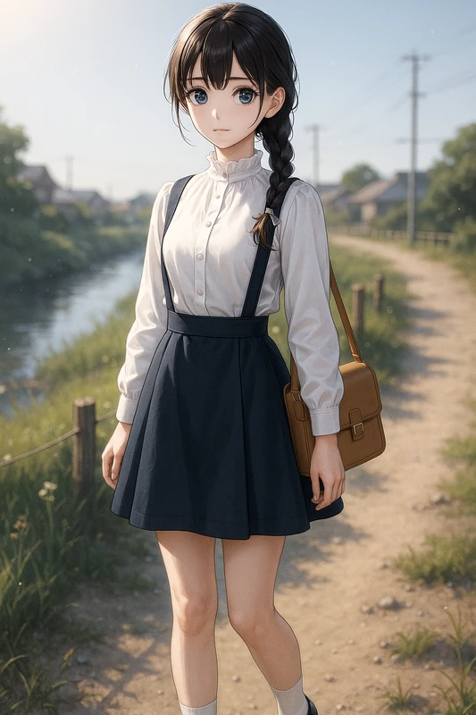白フリルブラウス+ネイビーサスペンダー台形スカート|昭和レトロ女子AIプロンプト