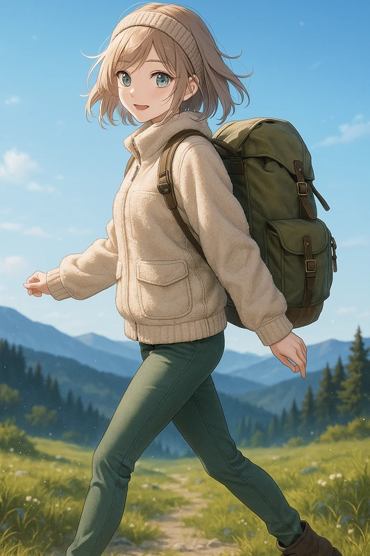 ベージュフリース×グリーンパンツのリラックス山コーデ|山ガールのプロンプト紹介
